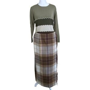 Talbots Sz 12 Vtg 100% Wool Fringed Wrap Maxi Skirt Plaid Cream Brown